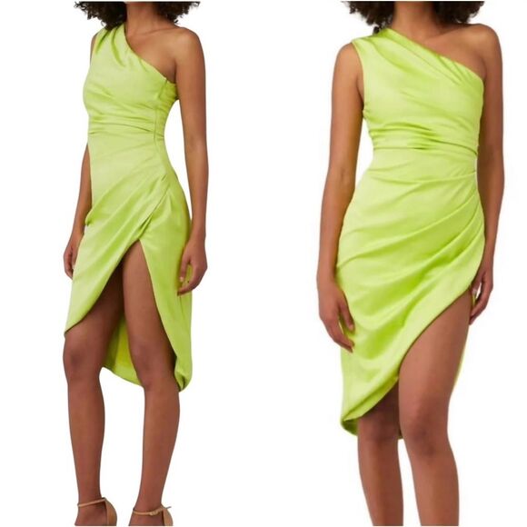 ELLIATT Cassini Midi Dress One Shoulder Ruche in Chartreuse Green Yellow Size XS - Picture 1 of 11